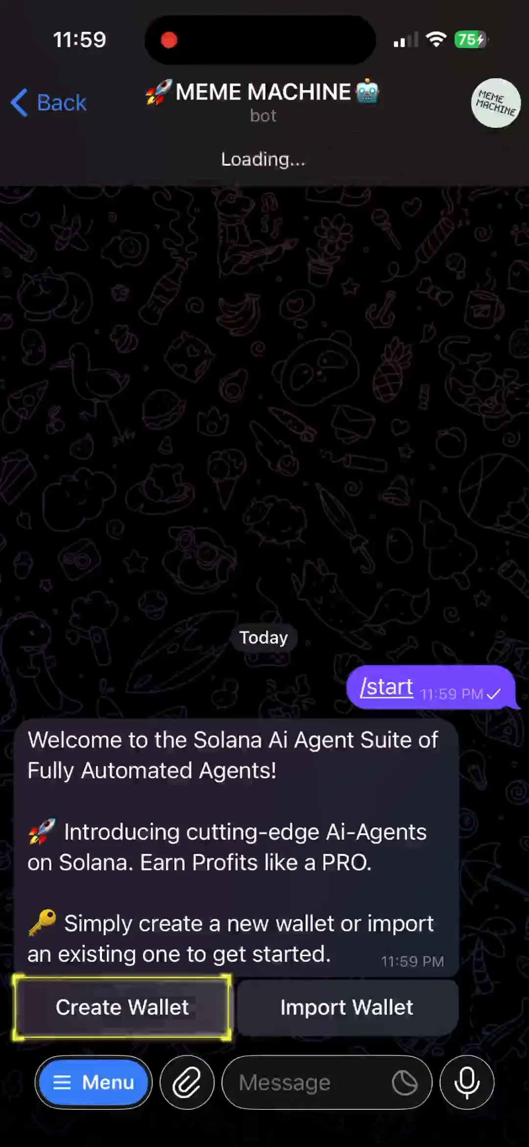 Bot welcome message with Create & Import options
