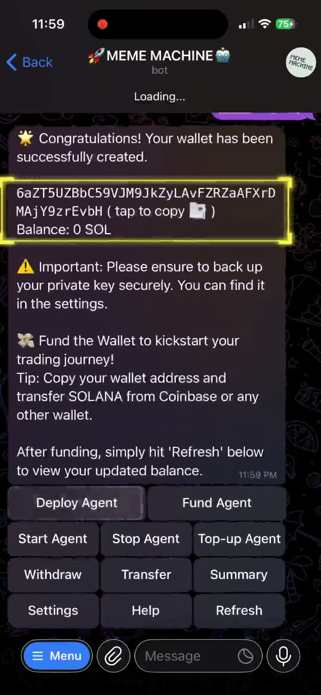 Wallet creation success with address