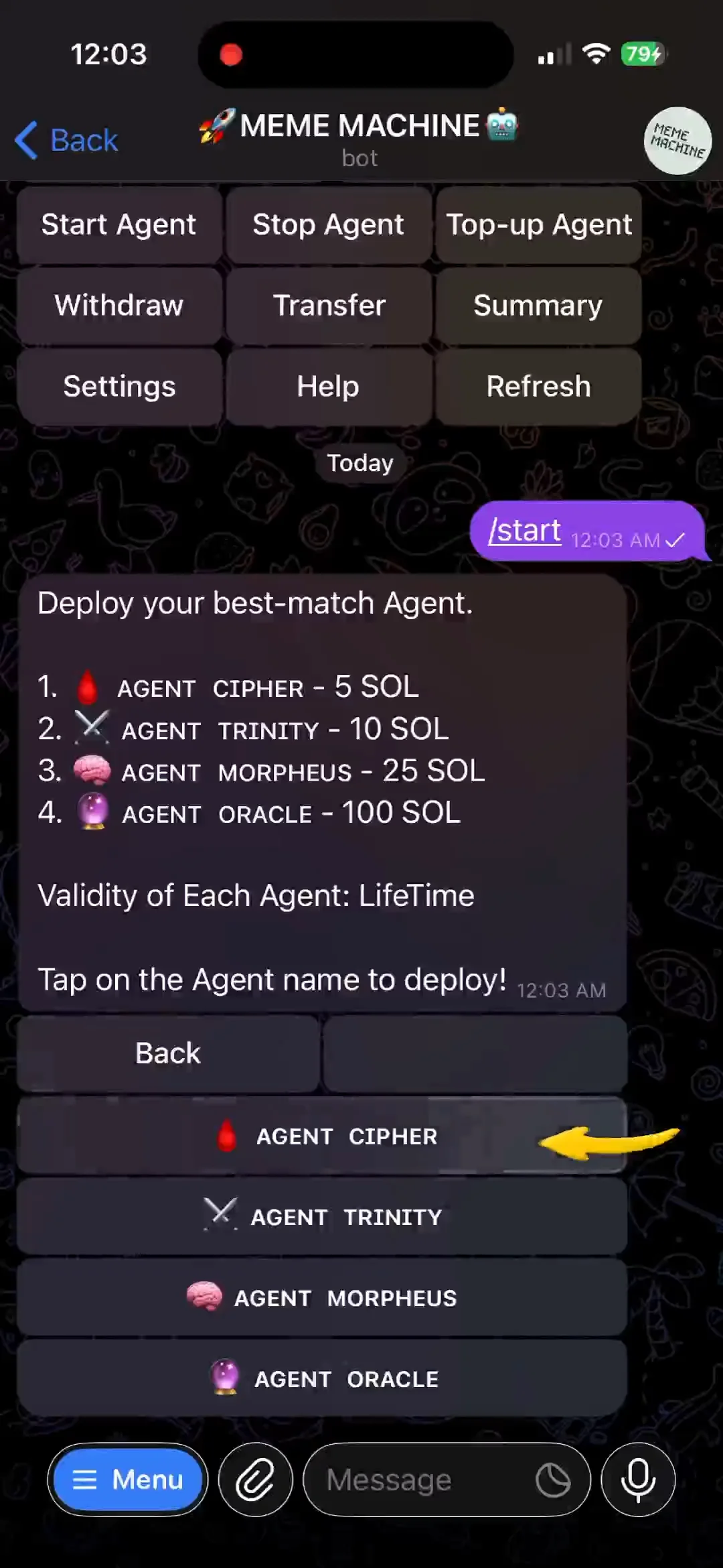 Agent selection menu